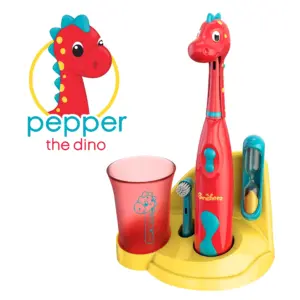 Brusheez Kids Electric Toothbrush Set (Carnivore Edition) | Battery Operated | Soft Bristles | Easy On/Off | 2 Brush Heads | Animal Cover | Sand Timer | Rinse Cup | & Base | Ages 3+ (Pepper the Dino)