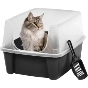 Large Open Top Cat Litter Box with High Sides | Scatter Shield and Scoop | Black | Easy Clean Plastic Litter Pan for Indoor Cats | Kittens or Multicat Homes