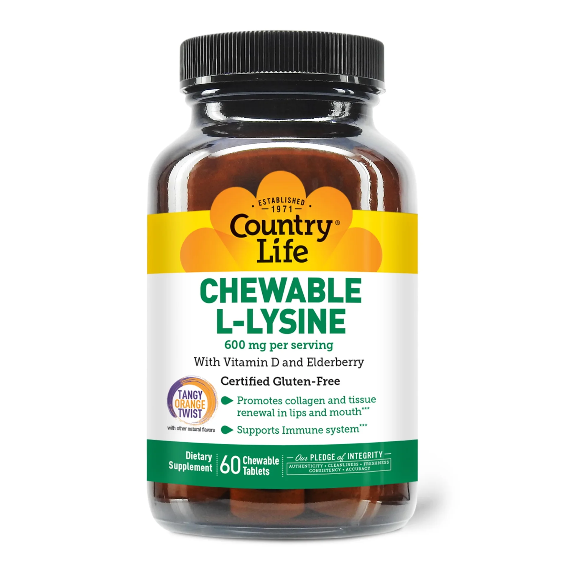 Country Life Chewable L-Lysine With Vitamin D & Elderberry | Tangy Orange Twist | 600 mg | 60 Chewable Tablets (300 mg per Tablet)