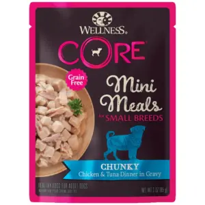 Wellness CORE Natural Grain Free Small Breed Mini Meals Wet Dog Food | Chunky Chicken and Tuna Dinner Inch Gravy | 3-Ounce Pouch (Pack of 12)