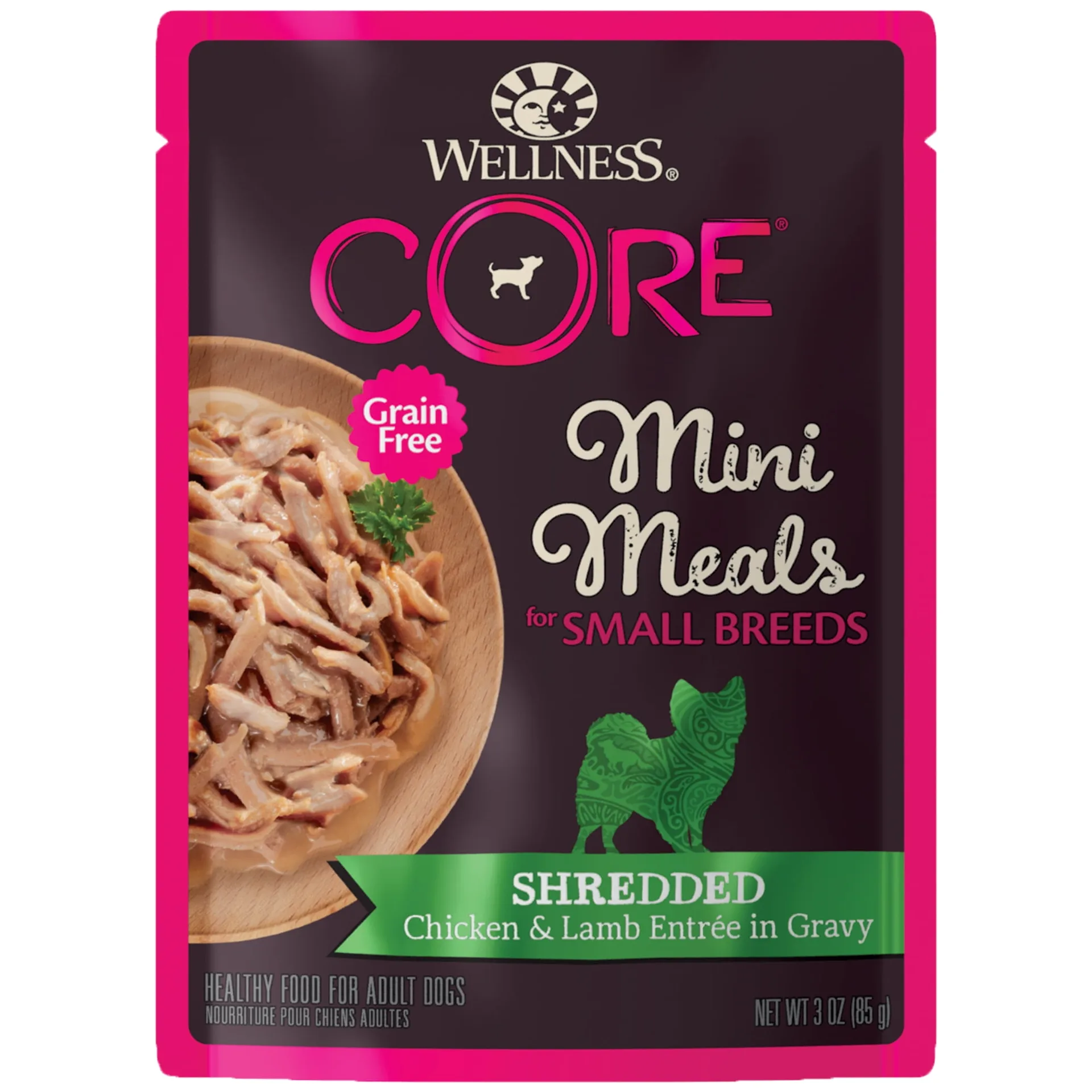 Wellness CORE Natural Grain Free Small Breed Mini Meals Wet Dog Food | Shredded Chicken and Lamb Entre Inch Gravy | 3-Ounce Pouch (Pack of 12)