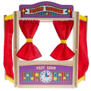 Hey Play Toy Puppet Theater for Kids with Curtains | Blackboard | & Clock
