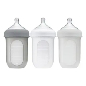 Boon Nursh Reusable Silicone Pouch Baby Bottle | Air-Free Feeding | Gray Multi Pack 8 Ounce 3 Pack