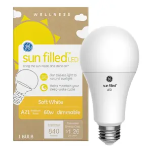 GE Sun Filled LED Light Bulb | Soft White | 10.5 Watt (60 Watt Equivalent) | Medium Base | Standard Bulb Shape | Dimmable (1 Pack)