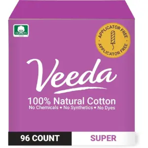 Veeda 100% Natural Cotton Tampons Super Absorbency | Non-Applicator Tampons with leak proof protection | Unscented | Chlorine and Toxin Free | 32 Count