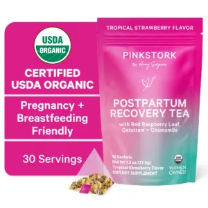 Pink Stork Postpartum Recovery Tea for Women | Chamomile | Organic Red Raspberry Leaf | 15 Sachets