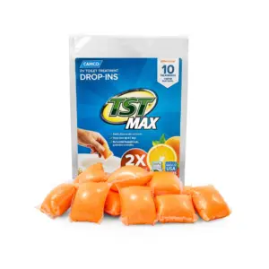 Camco TST Ultra-Concentrated Orange Citrus Scent RV Toilet MAX Treatment Drop-Ins | Formaldehyde Free | Breaks Down Waste & Tissue | Septic Tank Safe | 10-Pack (41178)