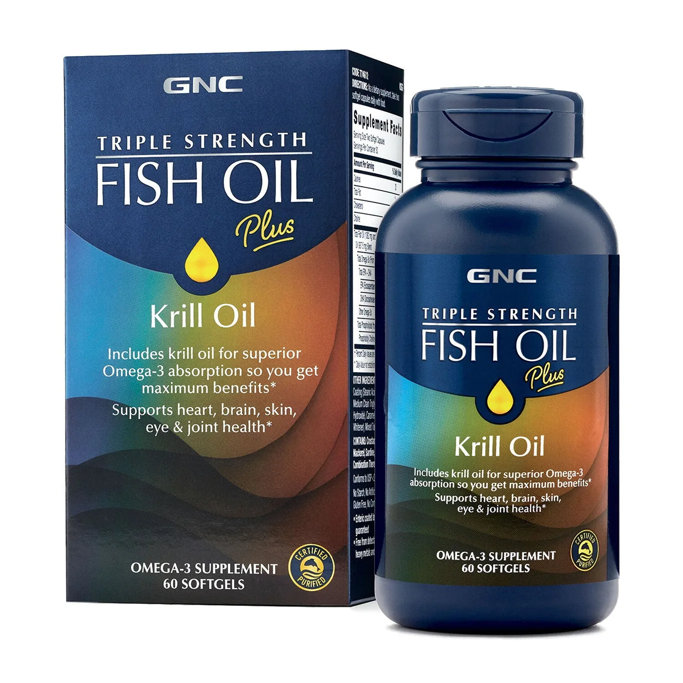 GNC Triple Strength Fish Oil Plus Krill Oil | Includes Krill Oil for Superior Omega-3 Absorption | Supports Heart | Brain | Skin | Eye | & Joint Health | 60 Softgels