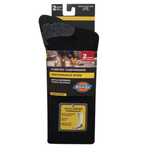 Genuine Dickies Men's OTC Compression Crew Sock | 2 Pack | Shoe Size 6-12 | Black