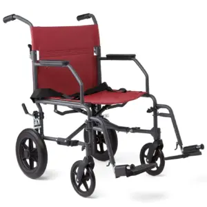 Medline Durable Folding Steel Transport Wheelchair with 12-Inch Wheels | 19-Inch Seat Width | Gray Frame | Microban | Burgundy Upholstery | Red