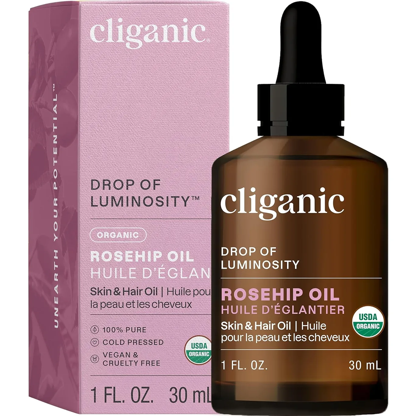Cliganic USDA Organic Rosehip Seed Oil for Face | 100% Pure | Natural Cold Pressed Unrefined Non-GMO | Carrier Oil for Skin | Hair and Nails | 1 fl Ounce