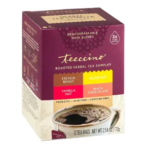Teeccino Roasted Herbal Tea Sampler | 4 Flavors | Caffeine Free | 12 Tea Bags | Prebiotic for Natural Energy