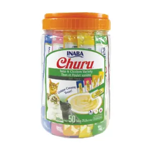 INABA Churu Creamy | Lickable Puree Cat Treat w Taurine | 0.5 Ounce | 50 Tubes | Tuna and Chicken Variety