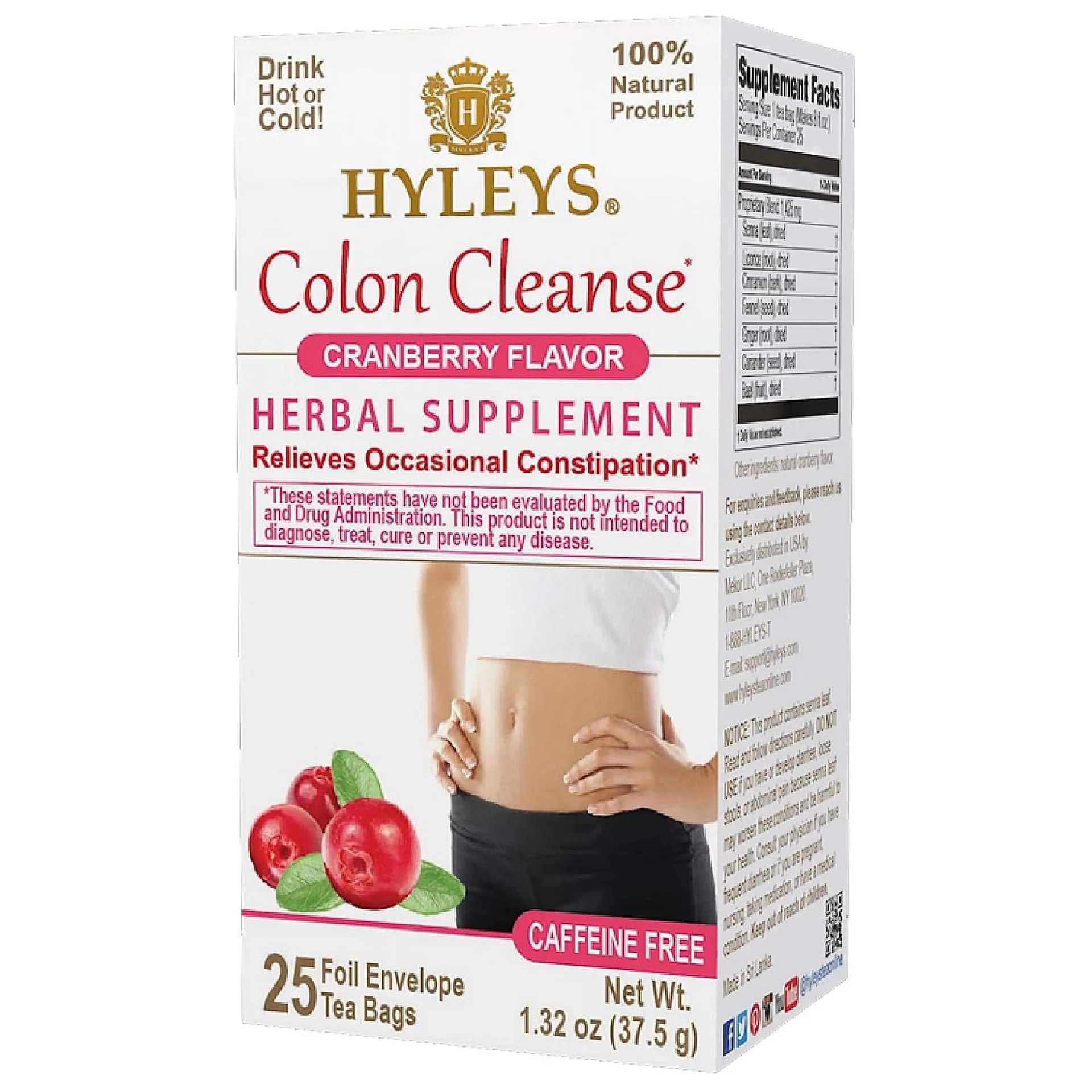 Hyleys Colon Cleanse Tea Cranberry Flavor | Digestive Support and Weight Management | Caffeine-Free | 25 Tea Bags
