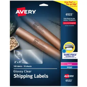 Avery Shipping Labels | Glossy Clear | 2 x 4 | 100 Labels (6522)