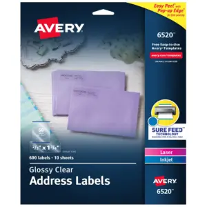 Avery Glossy Clear Address Labels | Sure Feed Technology | Laser/Inkjet | 2/3 x 1-3/4 | 600 Labels (6520)