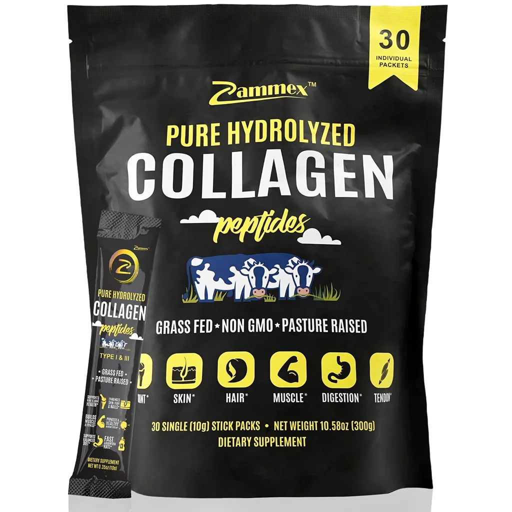 Zammex Grass Fed Bovin Collagen Peptides Powder Travel Packets | Unflavored Hydrolyzed Collagen Peptide Powder Packet | 30 Pieces | 10.58 Ounce(30pcs)