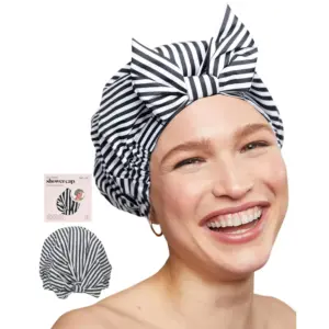 Kitsch Luxury Shower Cap for Women | Waterproof | Reusable Shower Caps (Black & White Stripe)