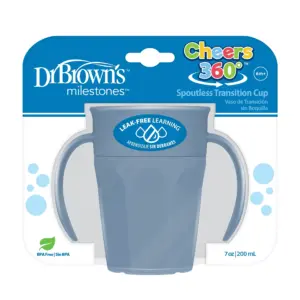 Dr. Brown's Milestones Cheers 360 Cup Spoutless Transition Cup with Handles for Easy Grip and Leak-Free Learning | Blue | 7 Ounce/200 Milliliters | 6m+ (Colors May Vary) | Blue with Handles