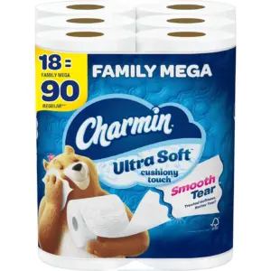Charmin Toilet Paper Ultra Soft Cushiony Touch | 18 Family Mega Rolls = 90 Regular Rolls