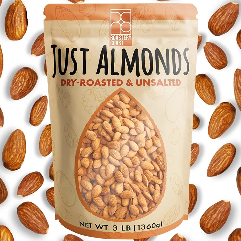 Roastery Coast Just Roasted Almonds | 3 Pounds | Bulk | Unsalted Nuts | Slow Dry Roasted | Steam Pasteurized | Plant Protein | Gluten Free | Non-GMO | Low carb | Keto Snack (Premium Edition)