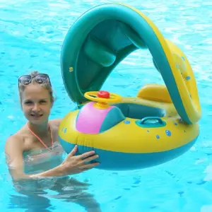 Inflatable Baby Swimming Pool Floats with Removable Sun Protection Canopy | Toddler Floaties with Seat & Handle | No Flip Over Baby Boat Swim Floats for Age of 6-36 months