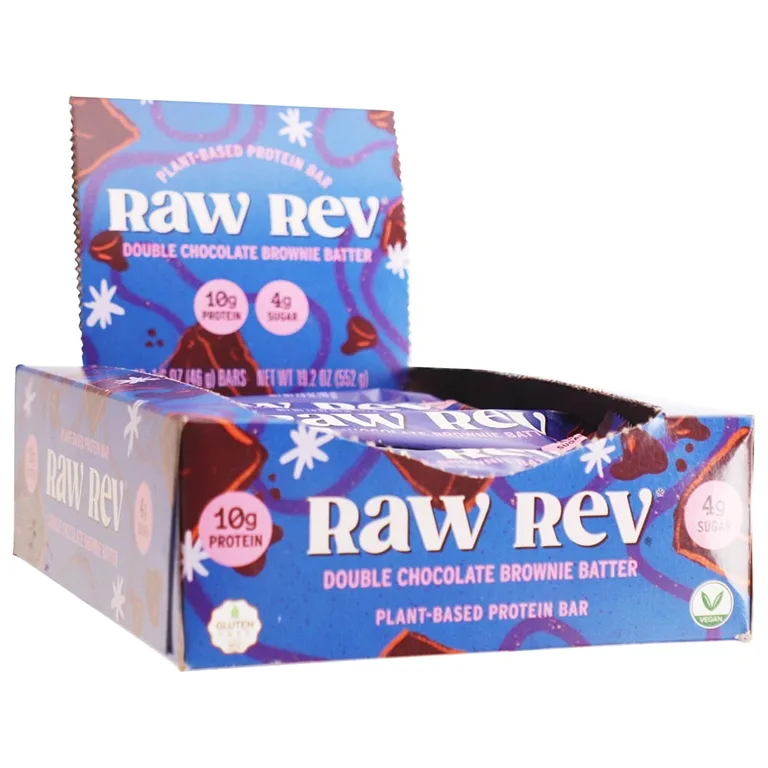 Raw Rev Glo Protein Bar Double Chocolate Brownie Batter | 12 Pack (Packaging May Vary)