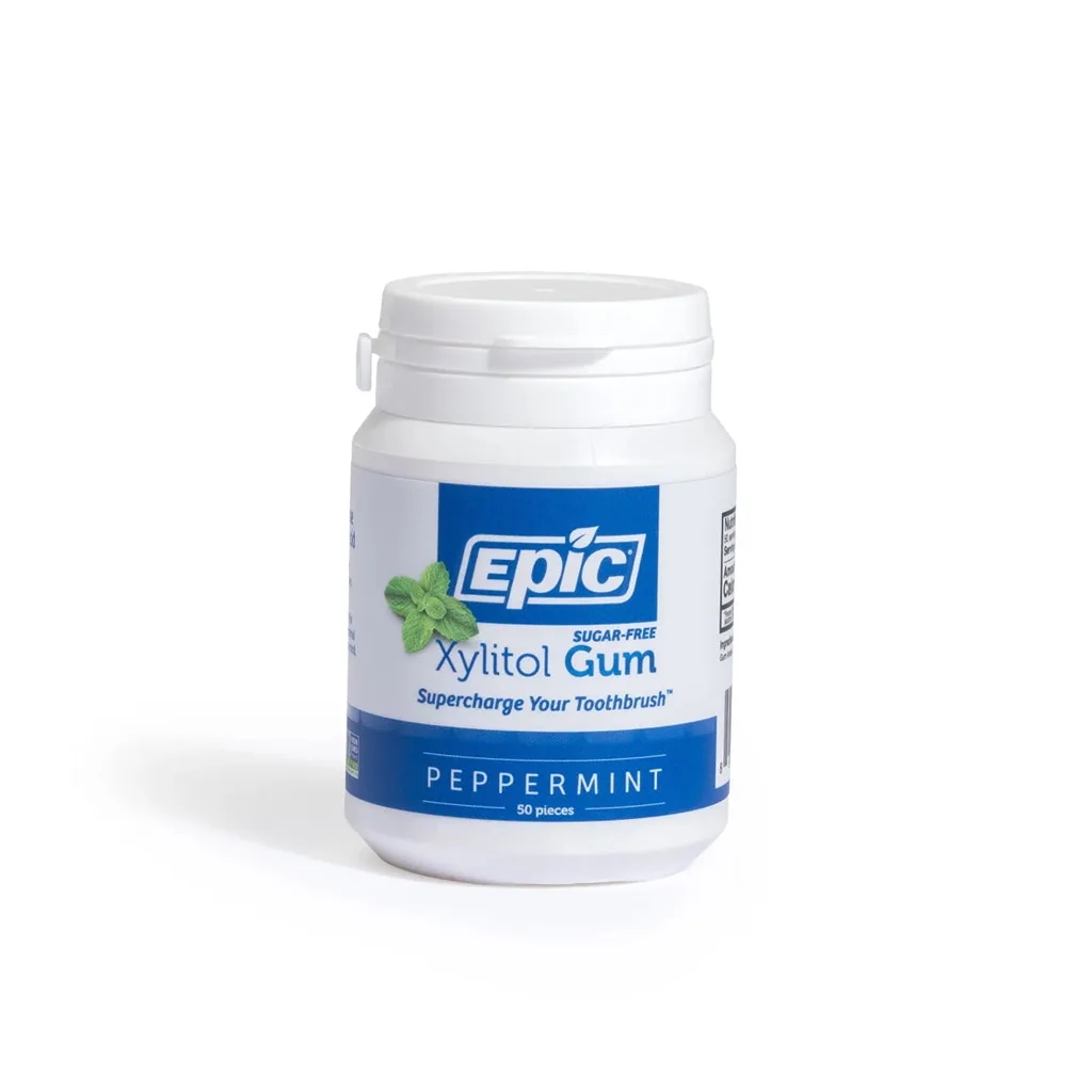 Epic Xylitol Chewing Gum | Sugar Free and Aspartame Free Chewing Gum Sweetened w/Xylitol for Dry Mouth and Gum Health (Peppermint | 50-Piece Bottle)