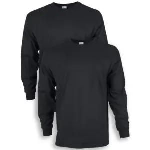 Gildan Long Sleeve Round Neck Plain Cotton | T-Shirt 2-Pack (Unisex) | L | Black