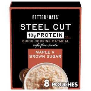 Better Oats Steel Cut DHF10Protein Oatmeal Packets | Maple & Brown Sugar Oatmeal with Flax Seeds & Steel Cut Oats | Box of 8 Pouches (Pack of 6)