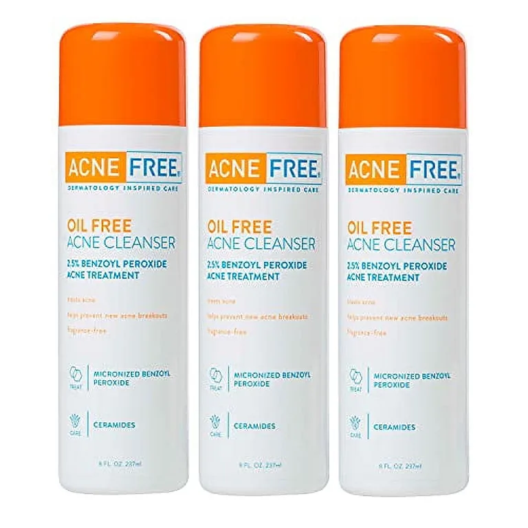AcneFree Oil-Free Acne Cleanser for Oily Skin & Acne Prone Skin Formulated with Benzoyl Peroxide 2.5% | helps Clear Blemishes & Nourish Skin | 8 Fl Ounce (Pack of 3)