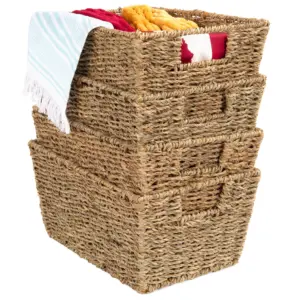 Best Choice Products Set of 4 Multipurpose Stackable Seagrass Storage Laundry Organizer Baskets w/ Handles | Natural
