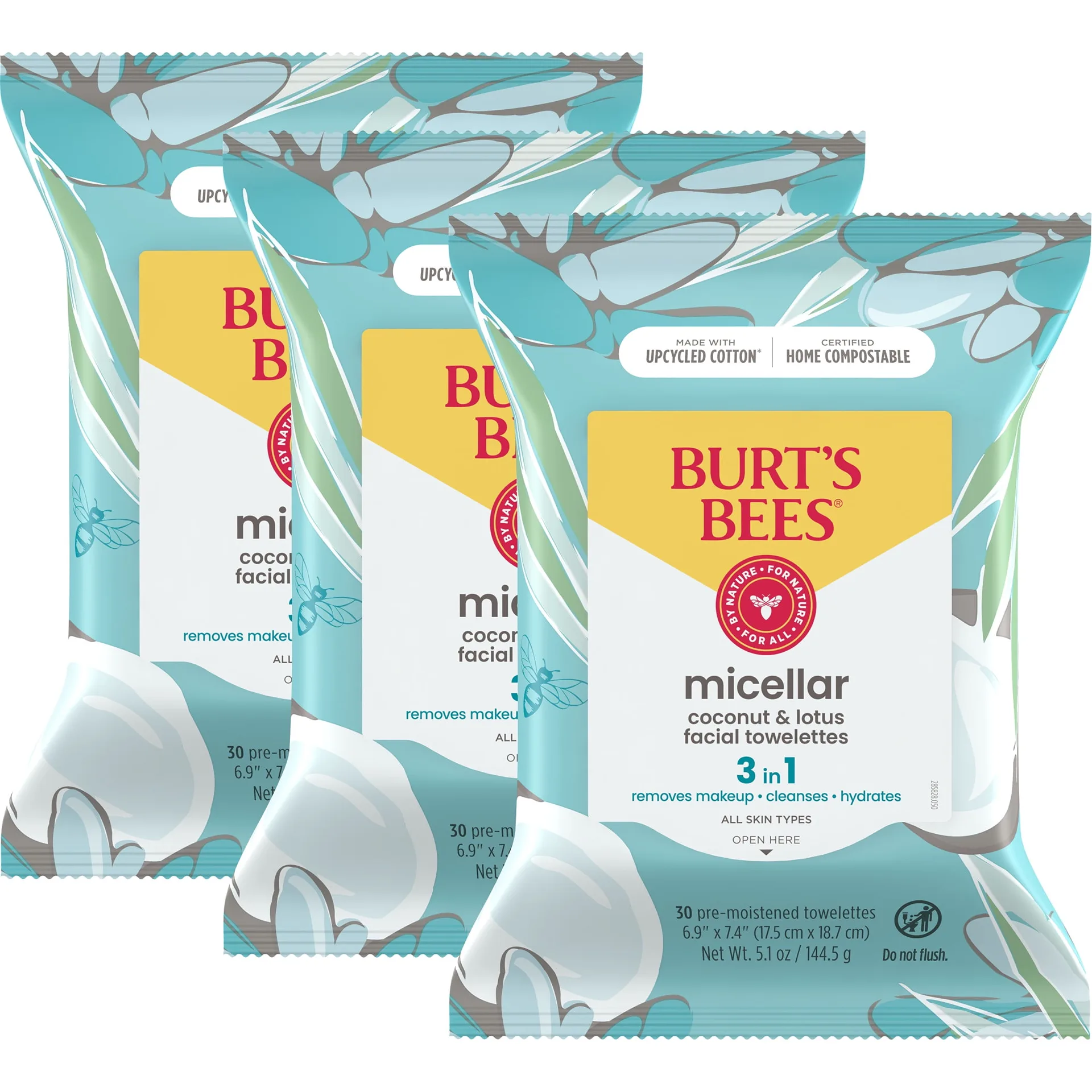 Burt's Bees Micellar Facial Towelettes With Coconut & Lotus | 99.5 Percent Natural Origin | 30 ct. Package (3-Pack)