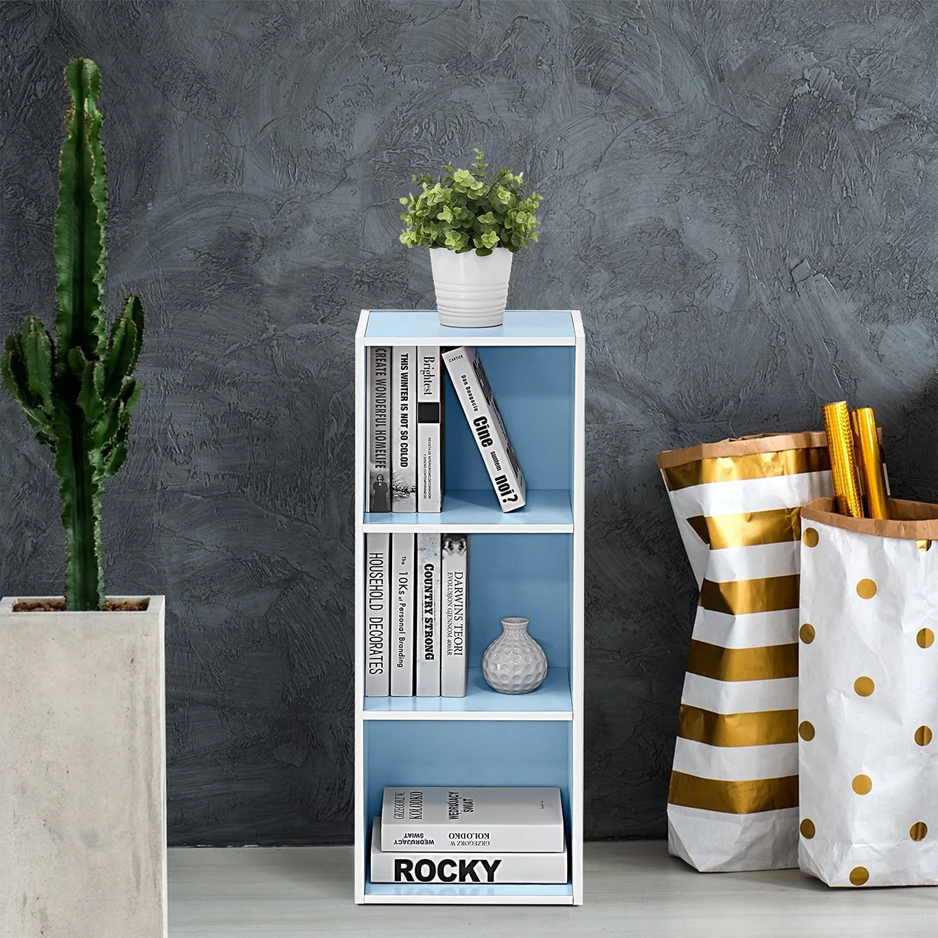 Furinno 11003 3-Tier Open Shelf Bookcase | White/Light Blue