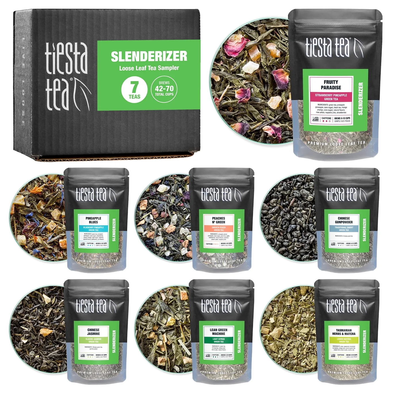 Tiesta Tea | 7 Green Teas Dry Flight Sampler | Medium Caffeine Hot and Iced Tea | Premium Loose Leaf Tea Sample with Green Tea Blends | 7 Resealable Sample Pouches | Green Tea Sampler Pack | Green Tea Sampler (7 Teas)