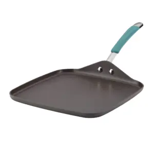 Rachael Ray 11 Cucina Hard-Anodized Nonstick Shallow Square Griddle | Gray with Agave Blue Handle