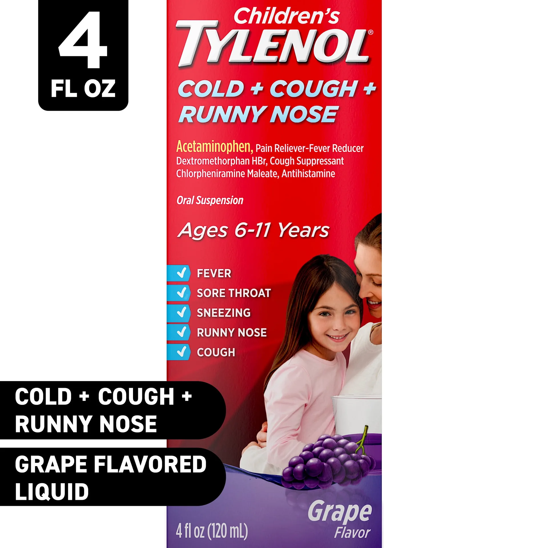 Children's Tylenol Cold + Cough + Runny Nose Medicine | Grape | 4 fl. Ounce