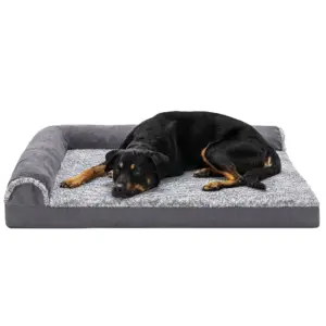 FurHaven Pet Products Two-Tone Faux Fur and Suede Deluxe Orthopedic Chaise Lounge Pet Bed for Dogs and Cats | Stone Gray | Jumbo