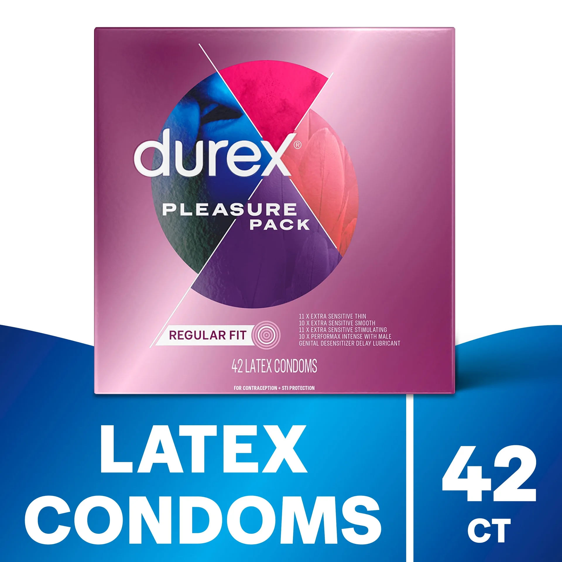 Durex Pleasure Pack Assorted Condoms For Men | Mix of Stimulation | Lubricated Rubber Latex | FSA/HSA | 42 ct