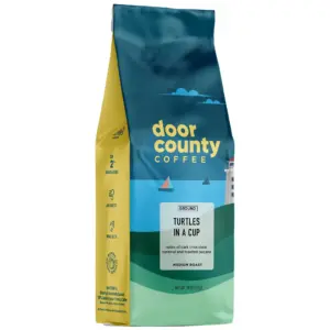 Door County Coffee Turtles Inch a Cup | Chocolate | Caramel and Nut Flavored Specialty Arabica Coffee | Medium Roast | Ground | 10oz Bag | Single | Caramel and Toasted Pecan