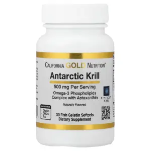 California Gold Nutrition Antarctic Krill Oil | Omega-3 Phospholipids Complex with Astaxanthin | Natural Strawberry & Lemon | 500 mg | 30 Fish Gelatin Softgels