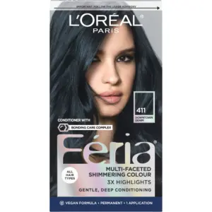 L'Oreal Paris Feria Shimmering Permanent Hair Color | Downtown Denim (Dark Blue Brown) | 1 Kit | 411 Downtown Denim (Dark Blue Brown)